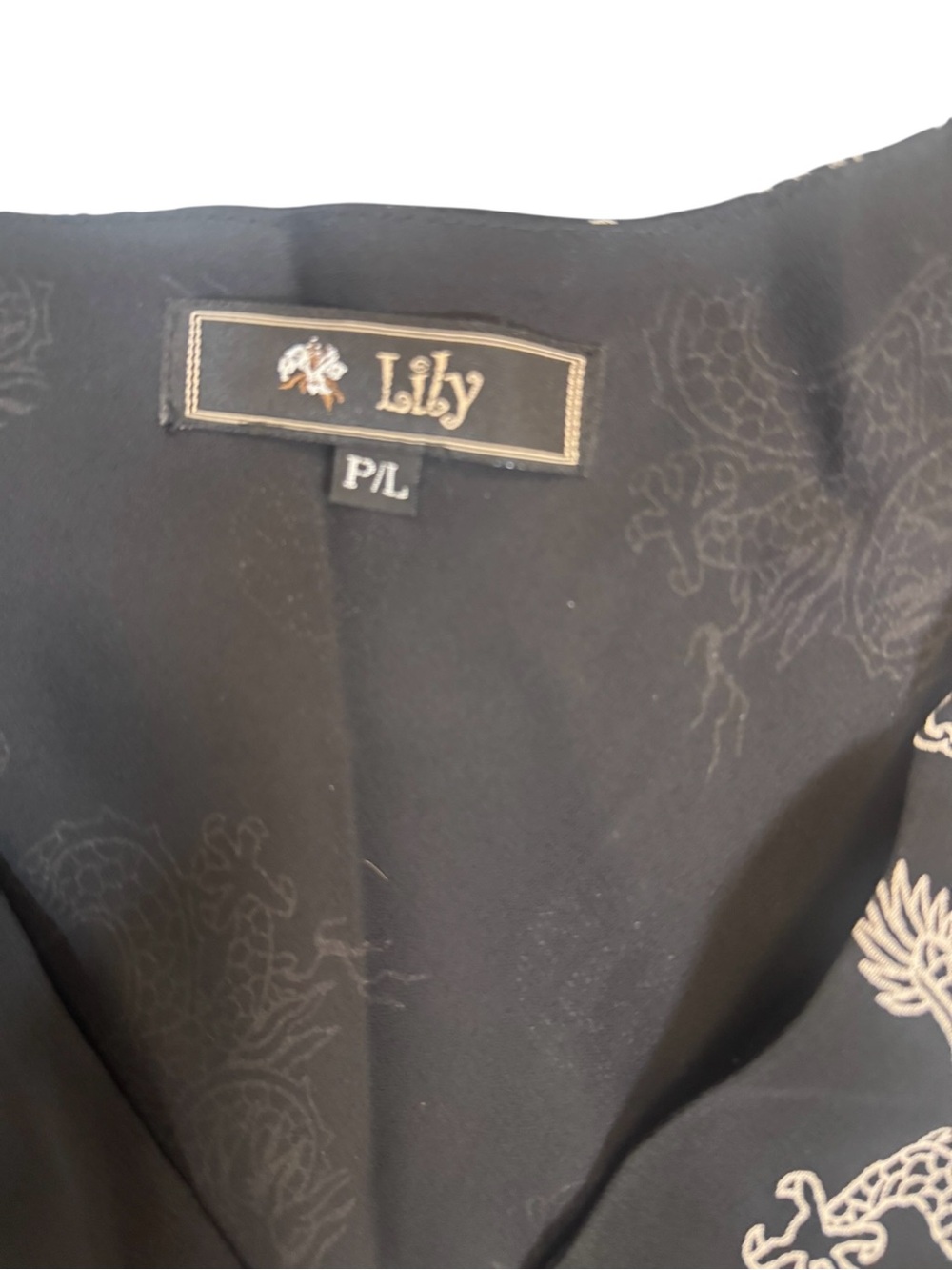 Lily Black Dragon Print Sleeveless Shift Dress V-Neck Sheer Overlay Size P/L View 2